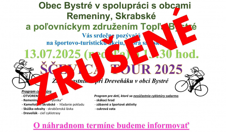 Cyklotúra ŠČEVICA TOUR zrušená